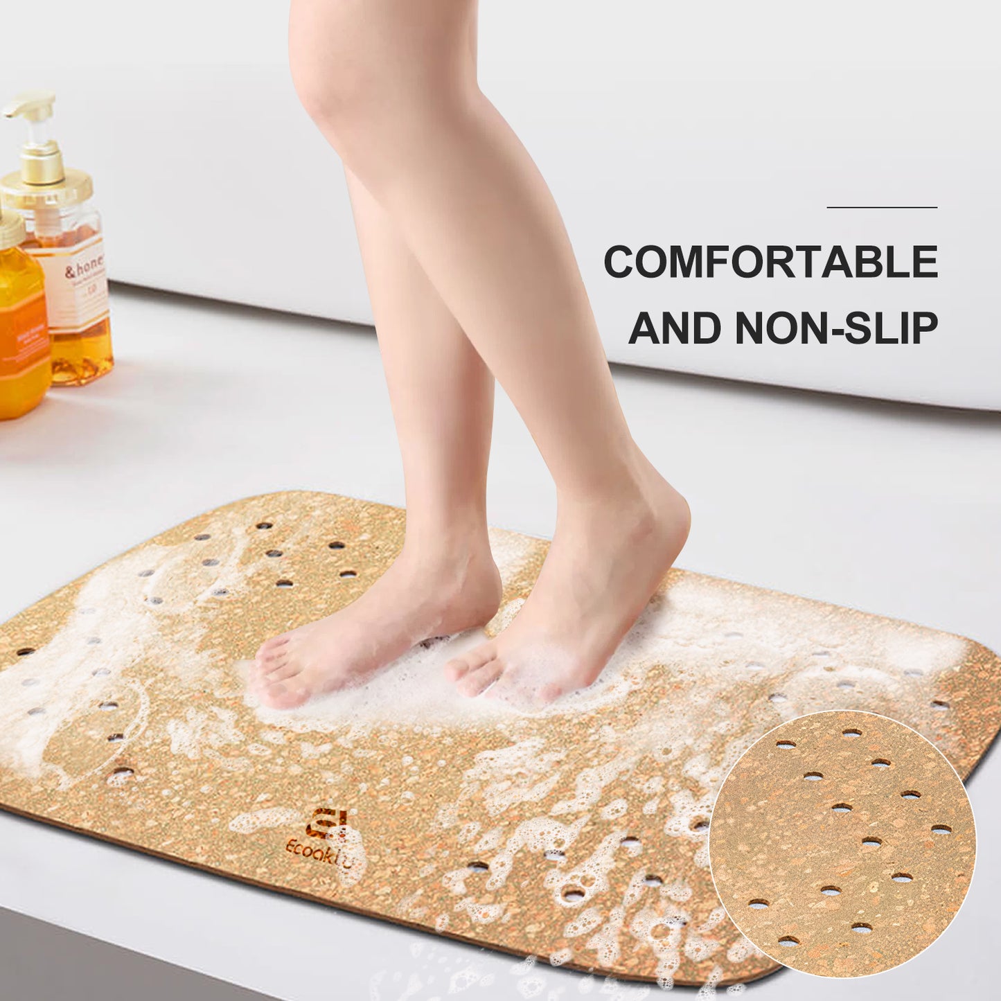 ECOAKLY Cork Bath Mat,Non Slip Shower Mat, Easy to Clean,Comfortable on Feet